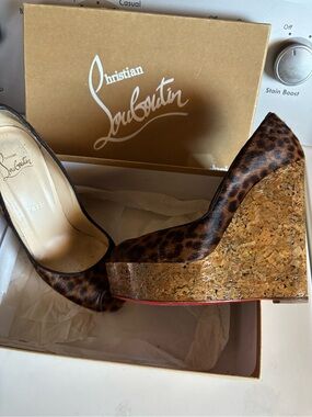 Christian Louboutin Leopard Print Cork Wedge Pumps Open Toe with Red Soles